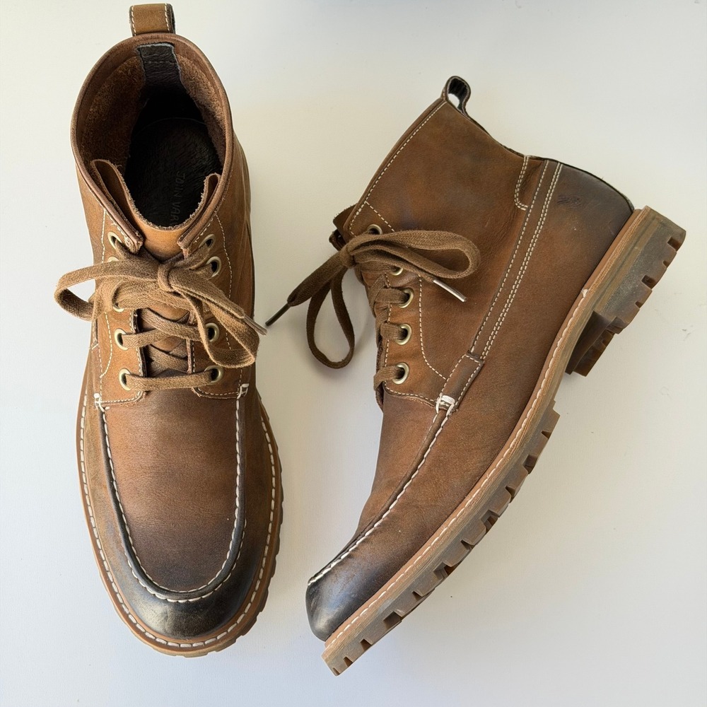John Varvatos Work Boots Mens 9 Brown Leather Lug Sole Burnished Moc Toe